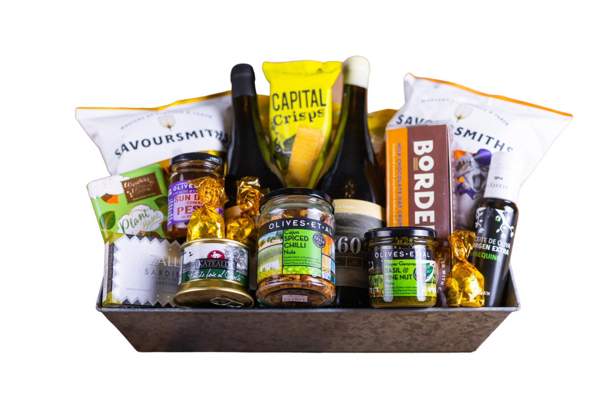 BRODERS - Gavekurv med søde/salte snacks & vin - Gavekurve - BRODERS